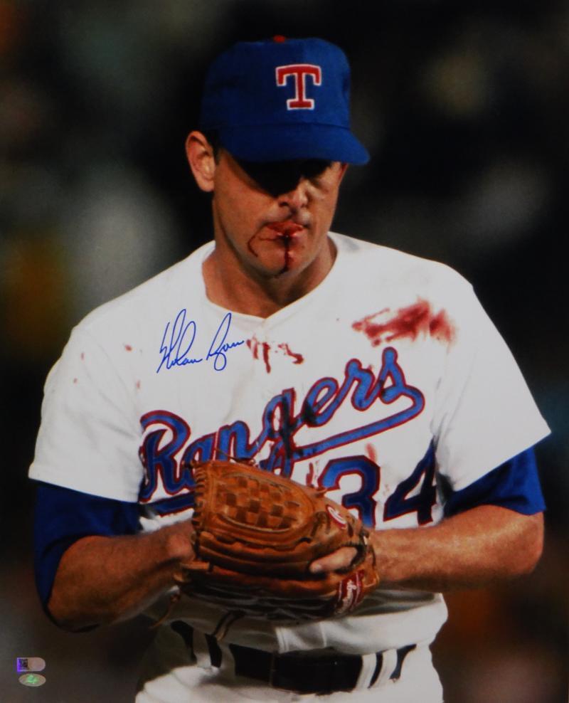 Nolan Ryan Signed Texas Rangers 16x20 Bloody Lip Photo Poster painting- AIV/ Ryan Holo *Blue