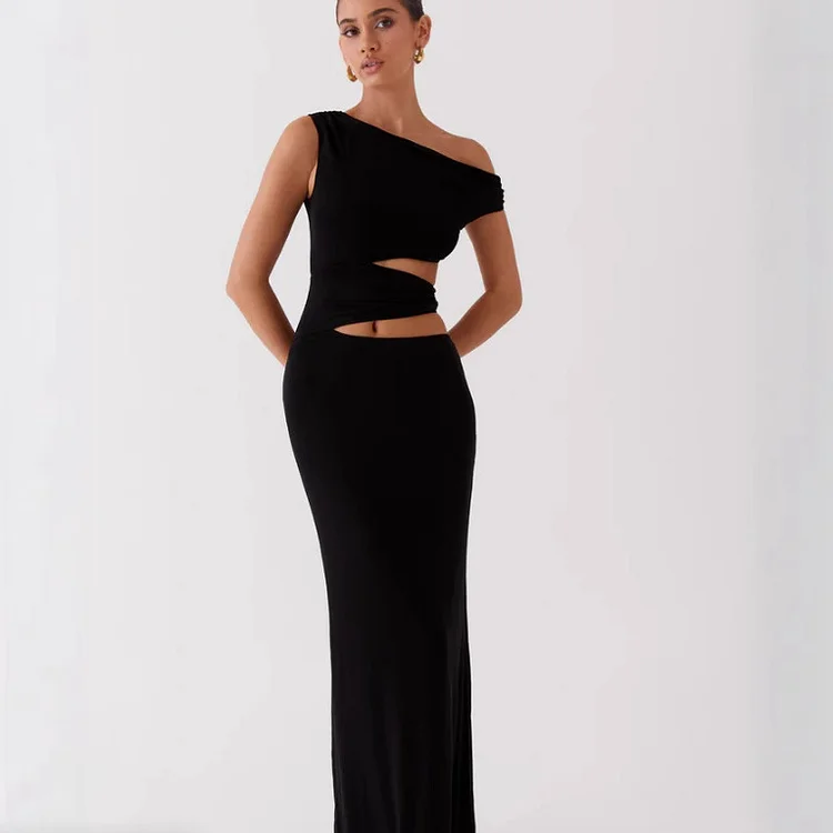 Solid Color Sloping Shoulder  Cutout Dress