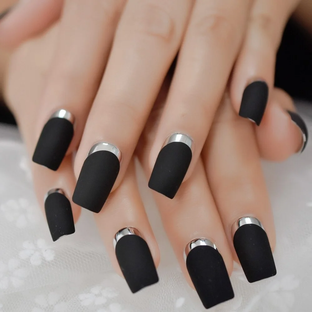 24Pcs Medium Coffin Ballerina Black Chrome Edge Nail Tips Wholesale Full Cover Nails Gels Nails Artificial False Nail-Nail Inspo