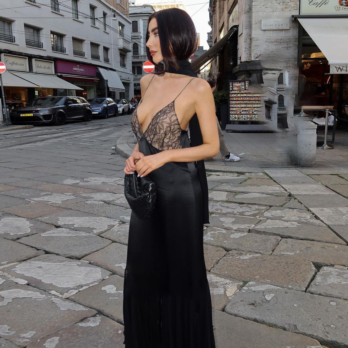 Ootddress Female Mesh Lace Halter Dresses Patchwork Backless Slim Sexy Fashion V-Neck Spaghetti Maxi Dress Women Printed Long Dress