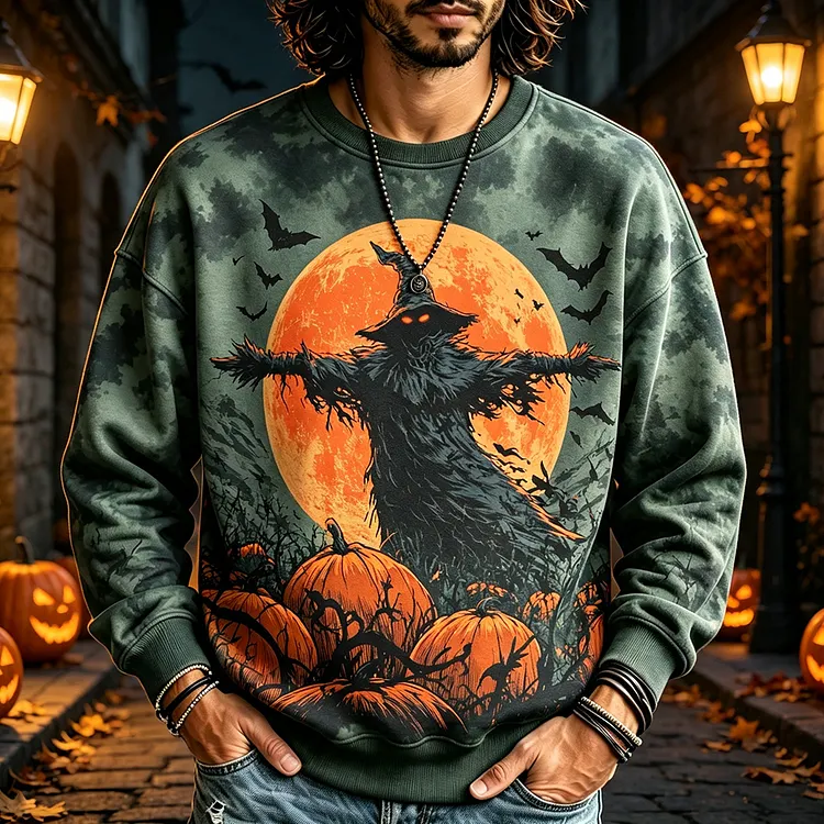 Men's Halloween Graphic Crewneck Sweatshirt - Spooky Scarecrow, Full Moon And Pumpkins Print Pullover
