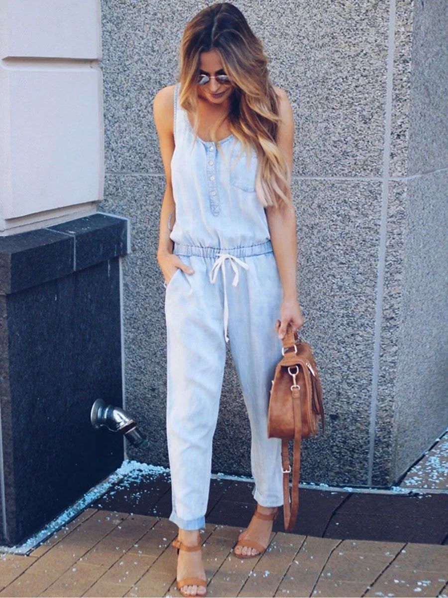 Buttons Neck Elastic Drawstring Waist Denim Jumpsuits