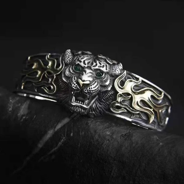 Sterling Silver Tiger Flame Totem Bracelet