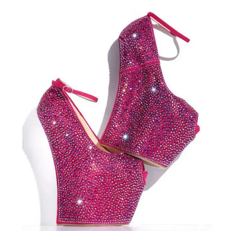 Pink Rhinestone Wedges Sandals Key Hole Ankle Strap Platform Sandals |FSJ Shoes