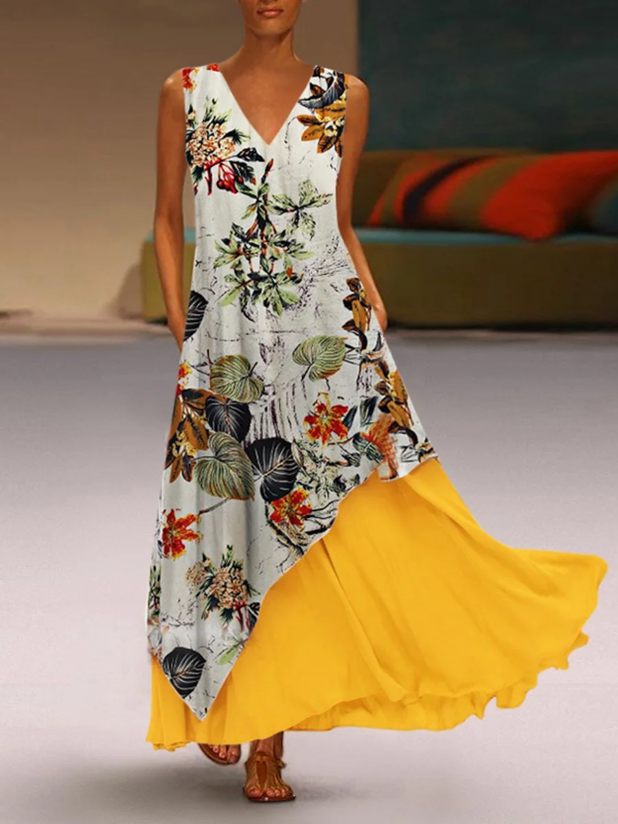 V-Neck Floral Splicing Sleeveless Two-piece Maxi Dress