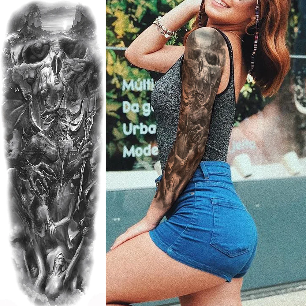 Sdrawing Military Wolf Temporary Tattoos Sleeve For Men Adult Fake 3D Lion Skull Tatoos Sticker Full Arm Warriors Tattoos For Show