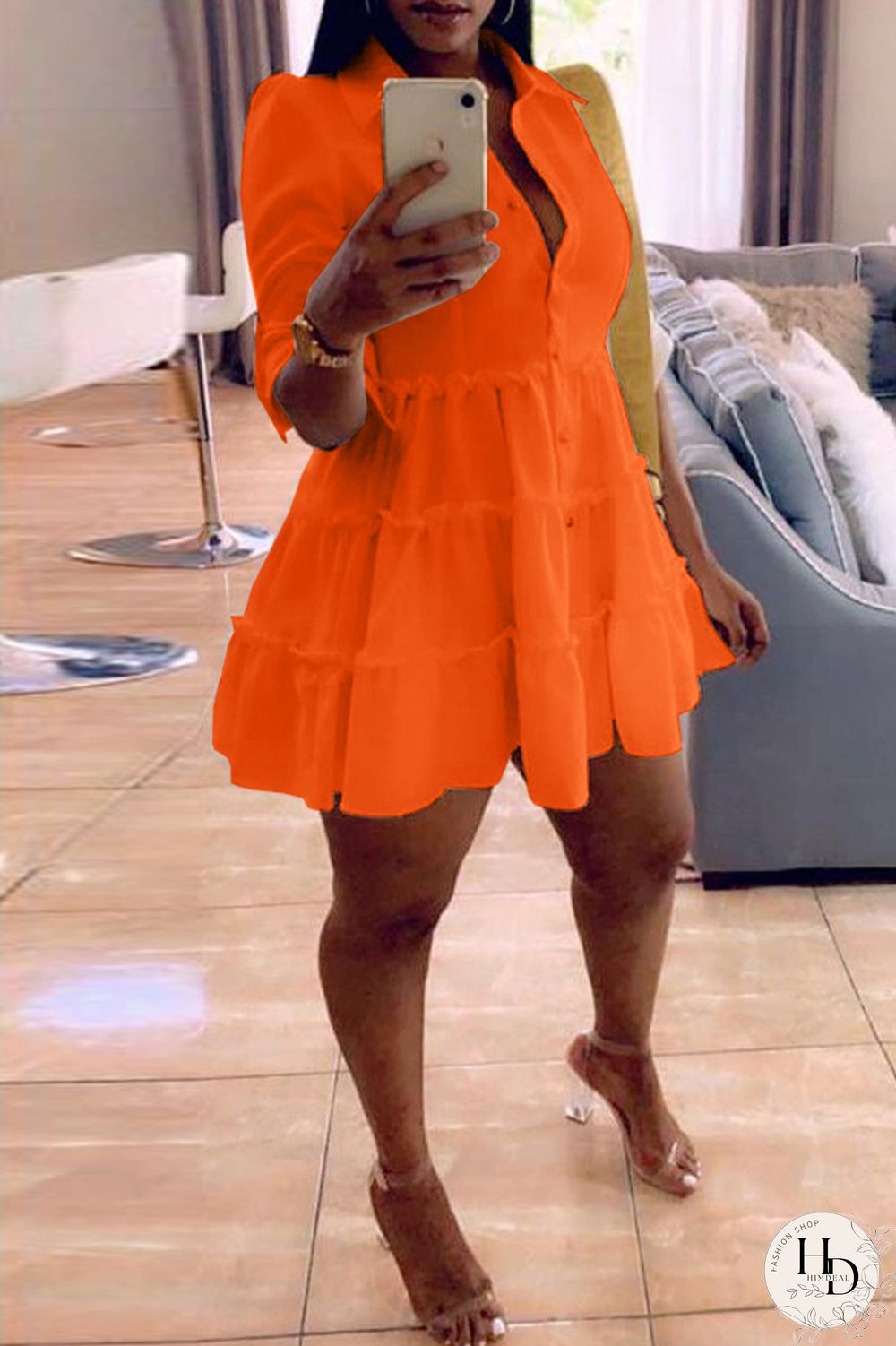 Rose Red Fashion Casual Solid Turndown Collar Shirt Dress