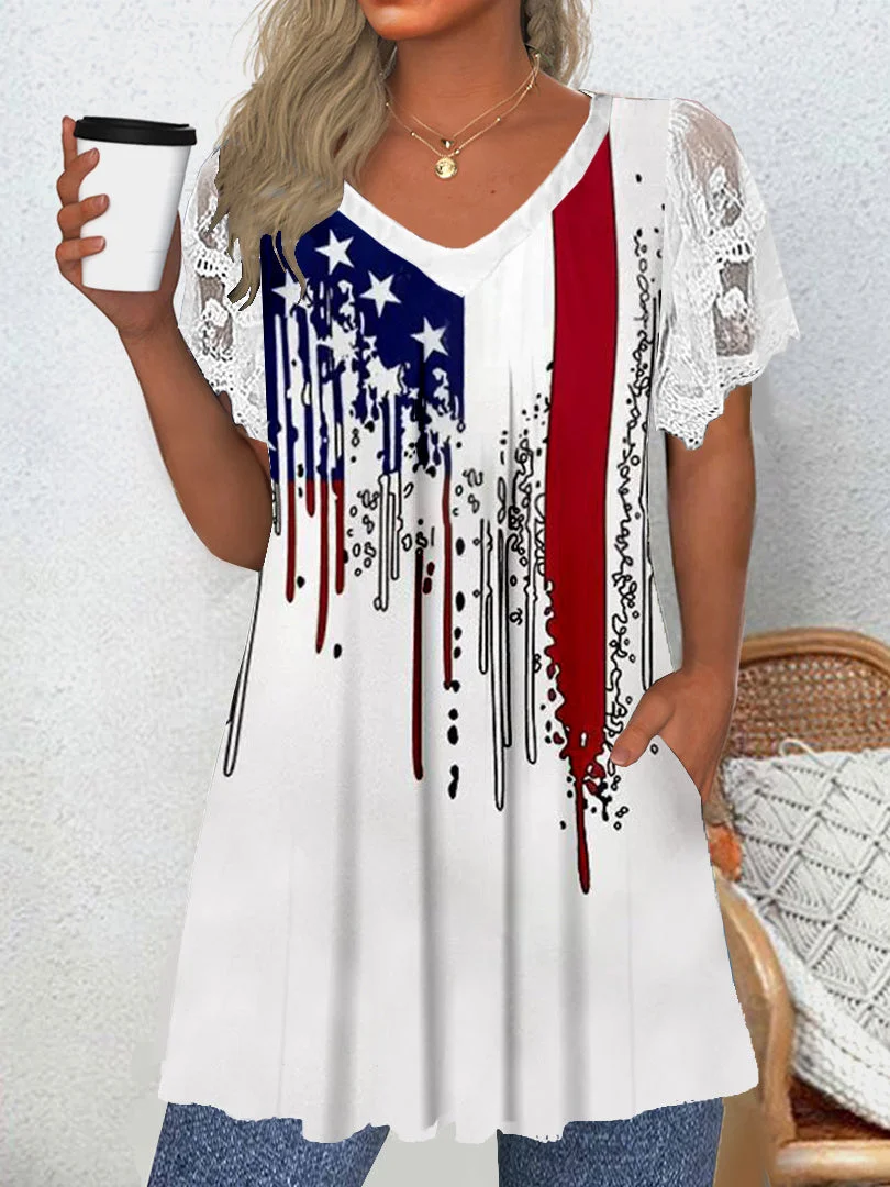 Women's Short Sleeve V-neck Graphic Lace Pockets Tops