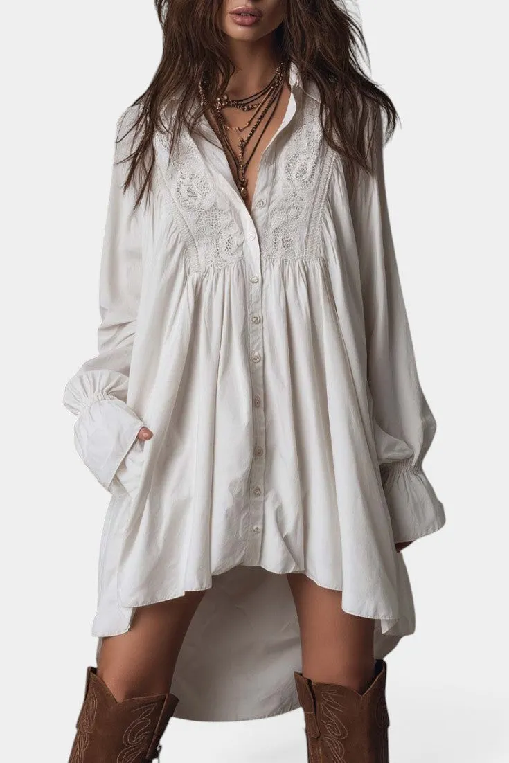 Embroidered Yoke Shirt Dress with Cinched Sleeves