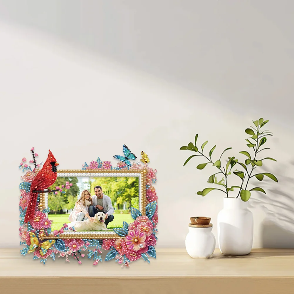 5D DIY Cardinal and Flower Acrylic Special Shape Diamond Painting Picture Frame