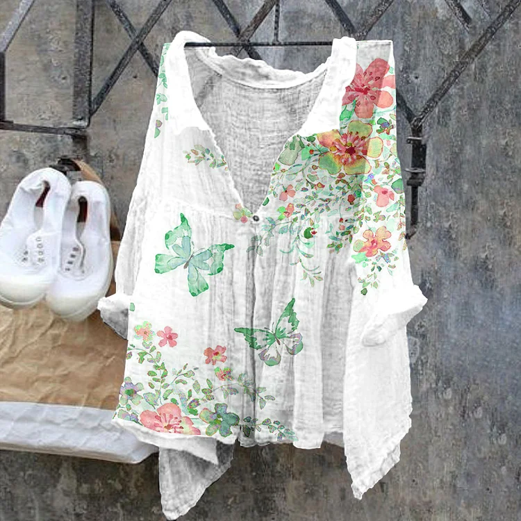 VChics Butterfly Retro Cotton Linen Casual Floral Print Cotton Linen  Shirt