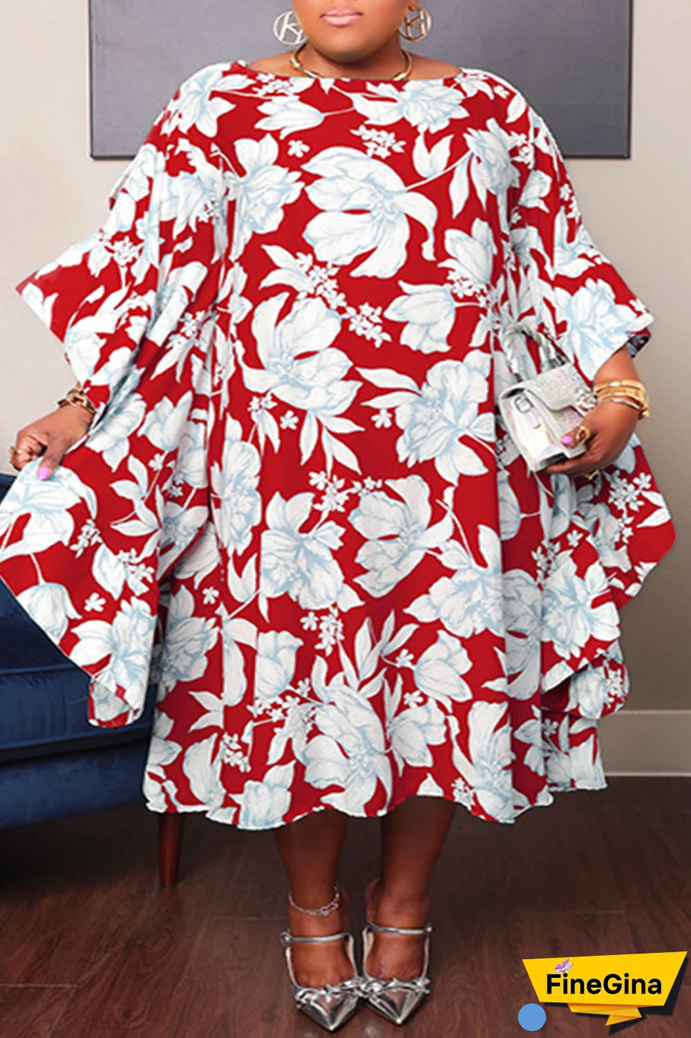 Cyan Casual Sweet Street Floral Patchwork O Neck Irregular Dress Plus Size Dresses