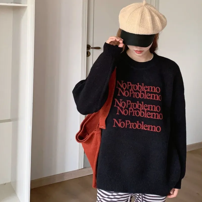 Churchf Churchf Style Letter Print Head Sweater Female Autumn Winter Show Thin Loose Lazy Casual Sense Sweater Top
