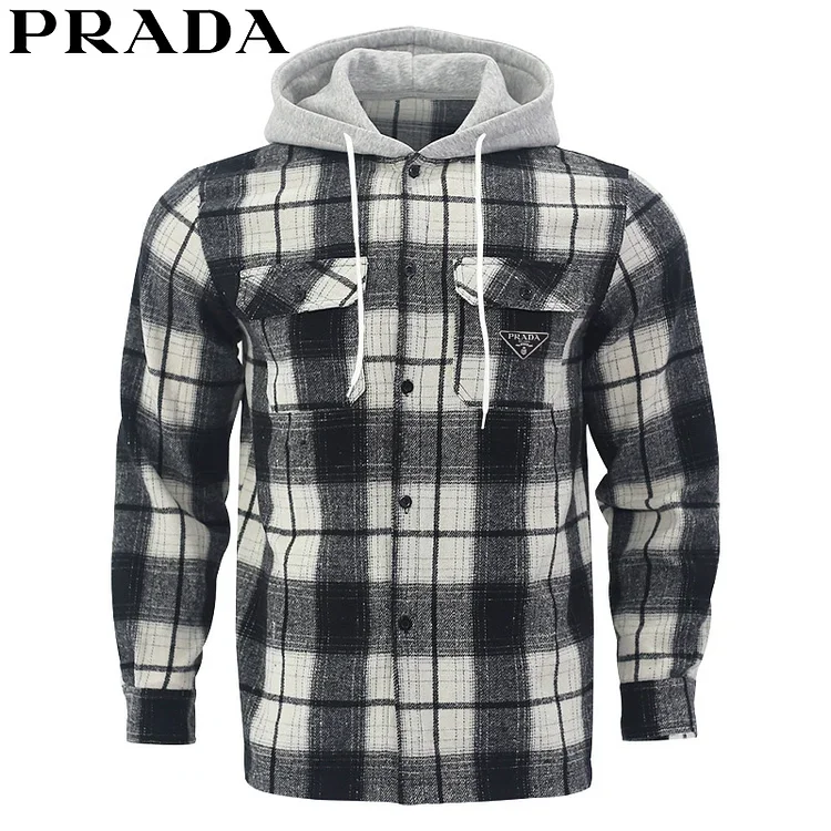 Nowa flanelowa koszula z kapturem w luźną kratę PRADA
