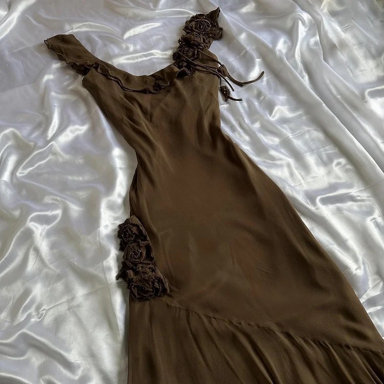 🍂Brown Stunning Retro Unique Fashion Beautiful Elegant Exquisite Floral Long Ruffle Neckline Low Back Design Chiffon Ball Gown Evening Gown Birthday Party Gown Prom Gown