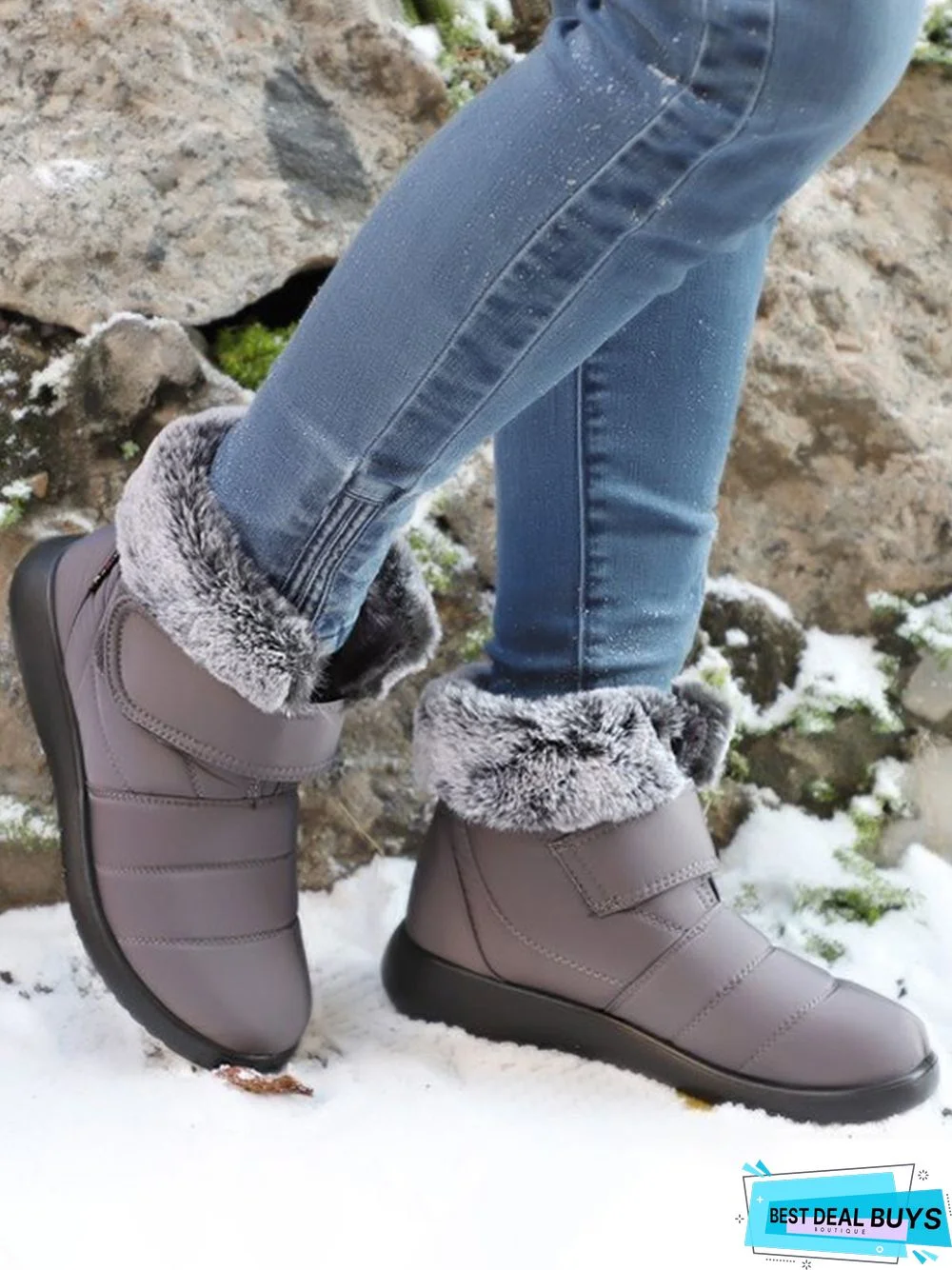 Faux Fur Cuff Snow Boots with Hook and Loop