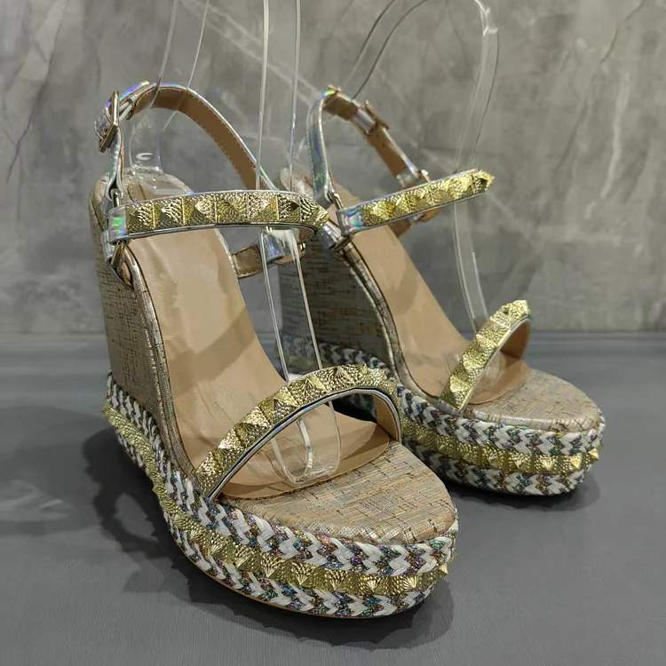120mm/4.72" Women's Platform Wedge Nude High Heels Gold Rivet Pointed Toe Red Bottoms Sandals VOCOSI VOCOSI
