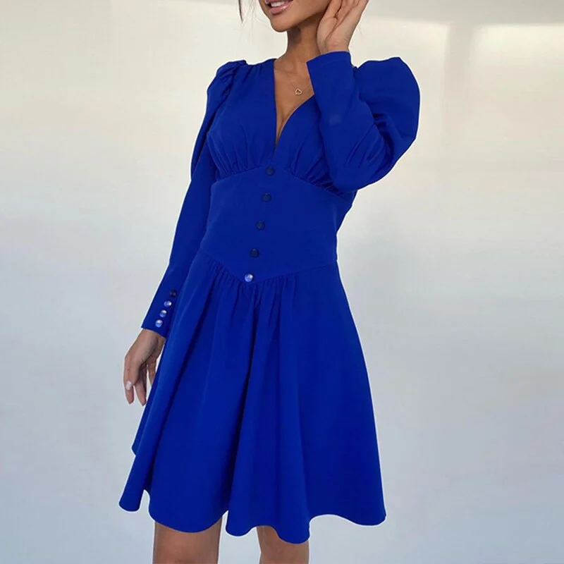 Simplee V-neck buttons pleated puff sleeves mini party dress women Long sleeve frills A-line vestido Elegant high waist dresses