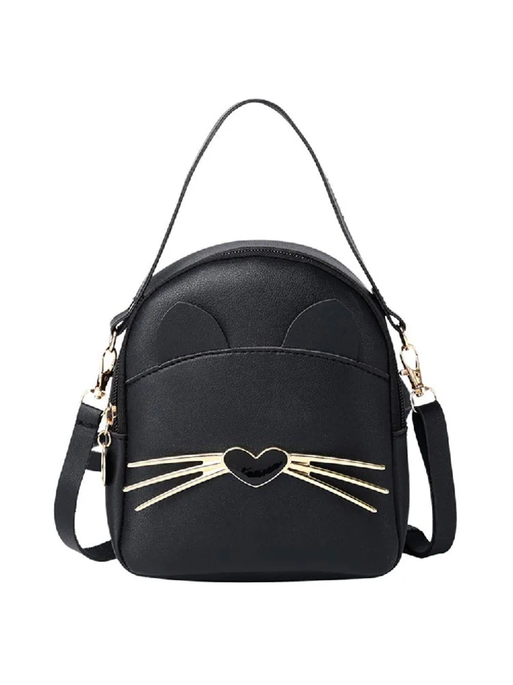 Women PU Leather Crossbody Messenger Bag Cute Cat Shoulder Backpack (Black)