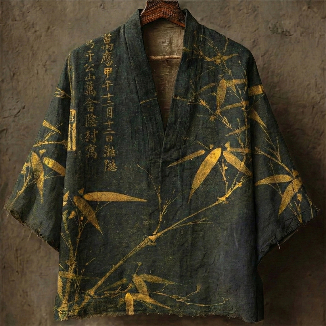 Men's Retro Bamboo Calligraphy Art Print Casual Linen Kimono  artssus