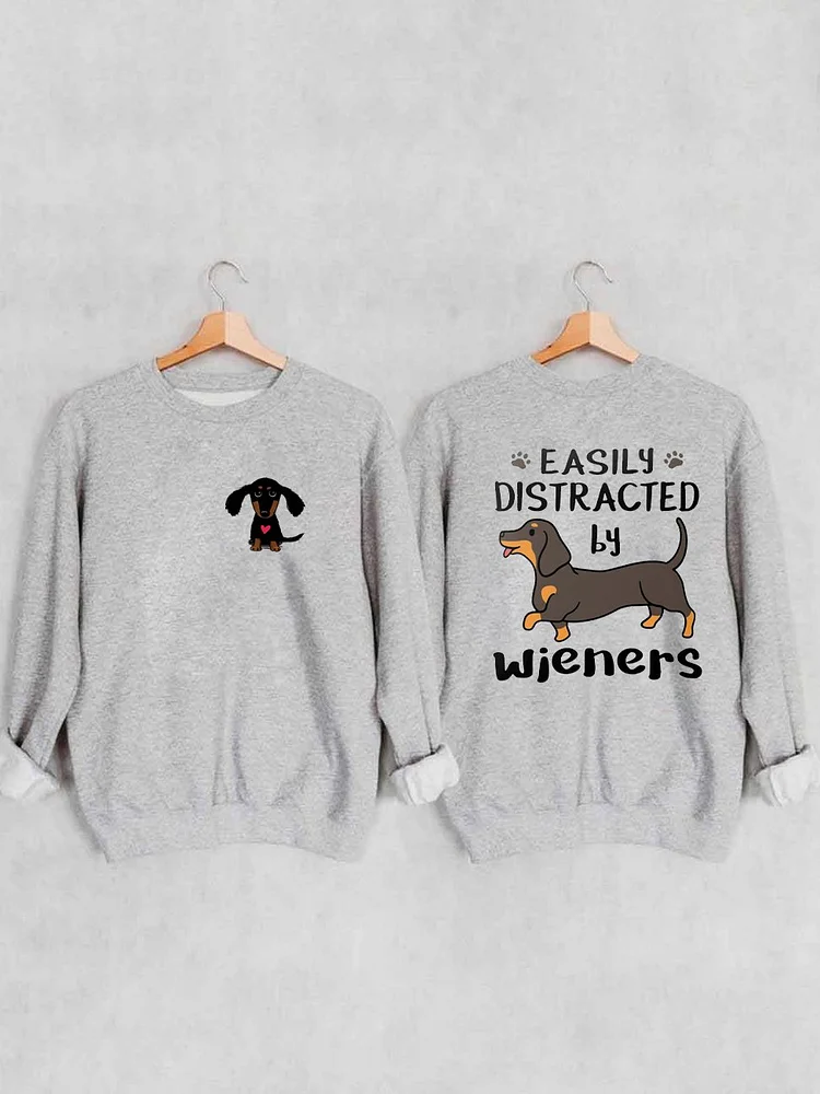 Women'S Easily Distracted By Wieners Print Long Sleeve Crew Neck Sweatshirt