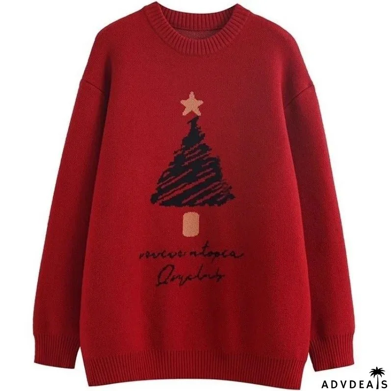 Women's oversized knitted sweater with Christmas tree print