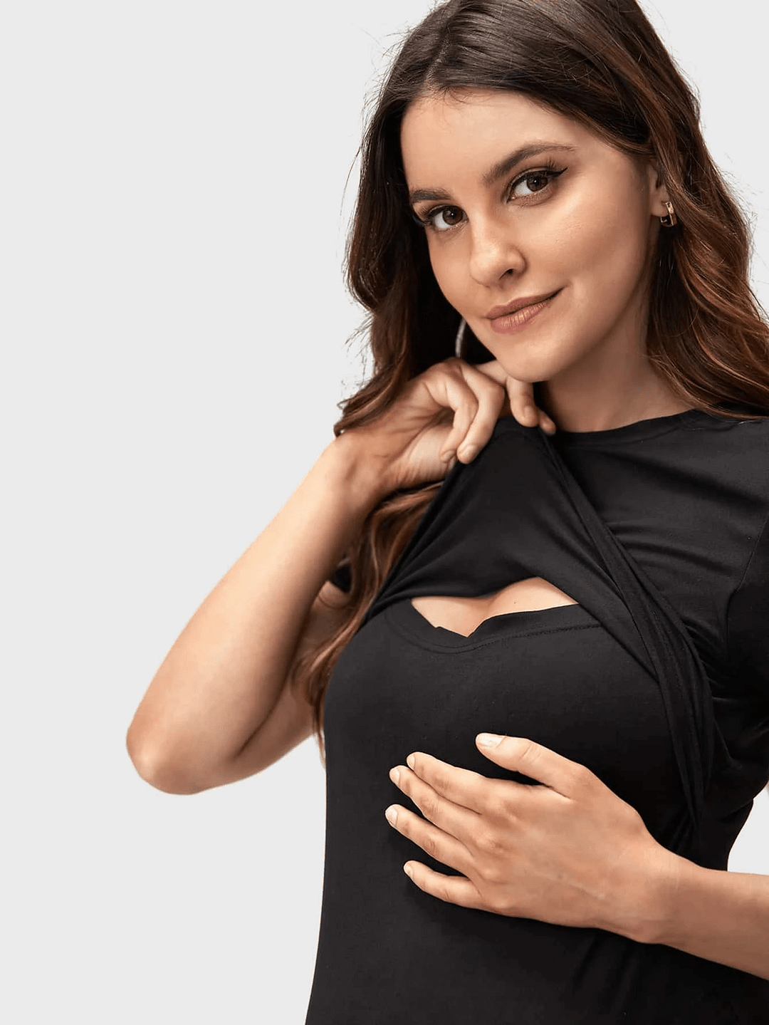 Women's Maternity Black T-Shirt - Stretchy, Breathable Short Sleeve Top For Pregnancy & Nursing, Round Neck, High Elastic Polyester Blend, Summer Casual Wear | IFYHOME