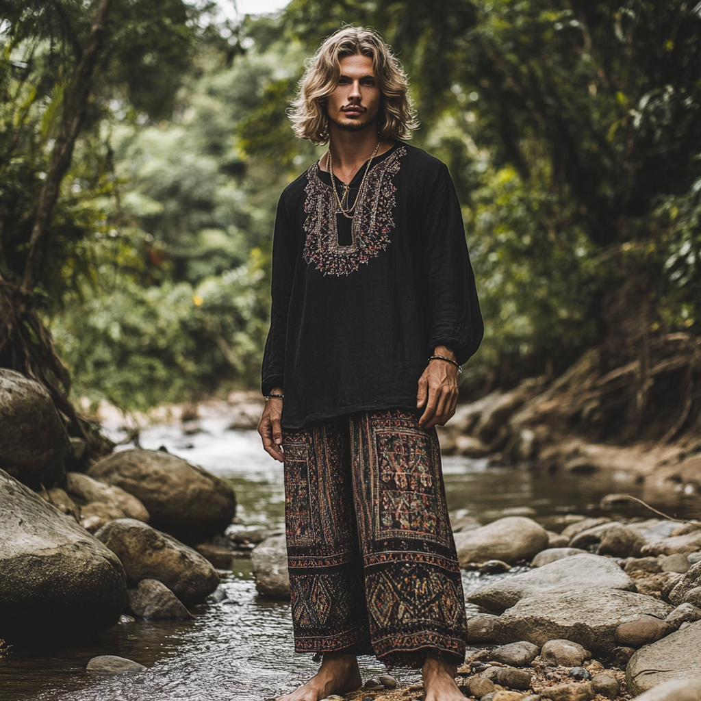 Men's Bohemian Holiday Style Vintage Ethnic Totem Print Cotton And Linen Casual Pants-inspireuse