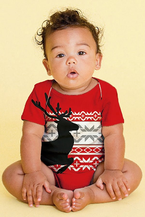 Crew Neck Short Sleeve Infant Reindeer Print Christmas Bodysuit Red-elleschic