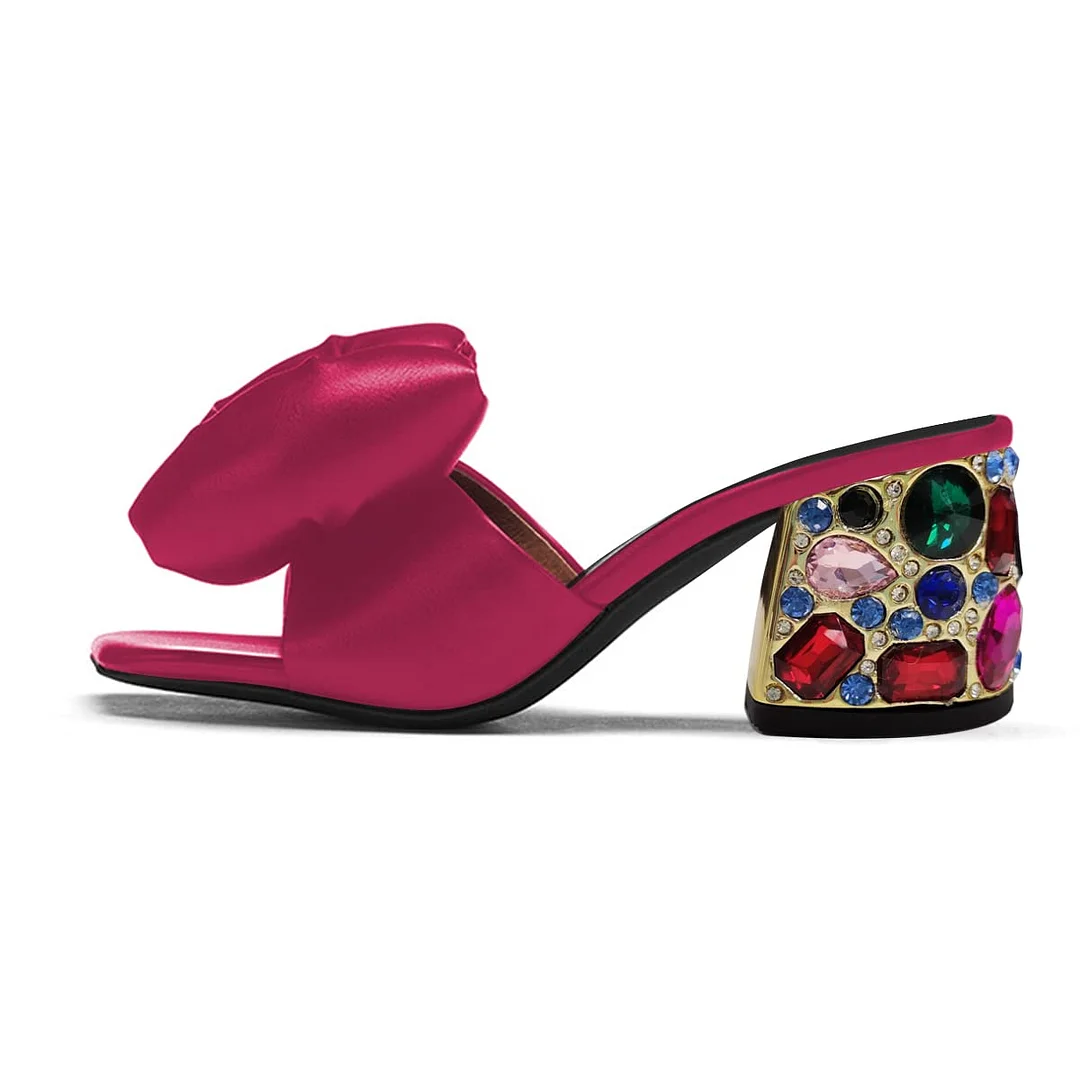 Pink Satin Square Toe Bow Rhinestone Embellished Block Heel Mules
