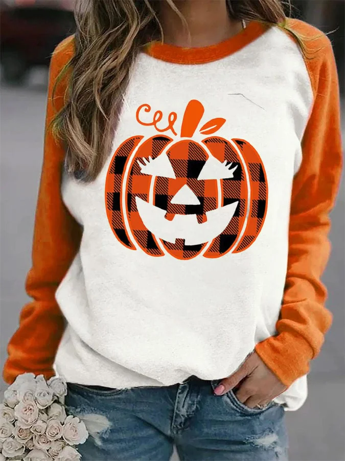 Women's Pumpkin Print Casual Crew Neck Sweatshirt