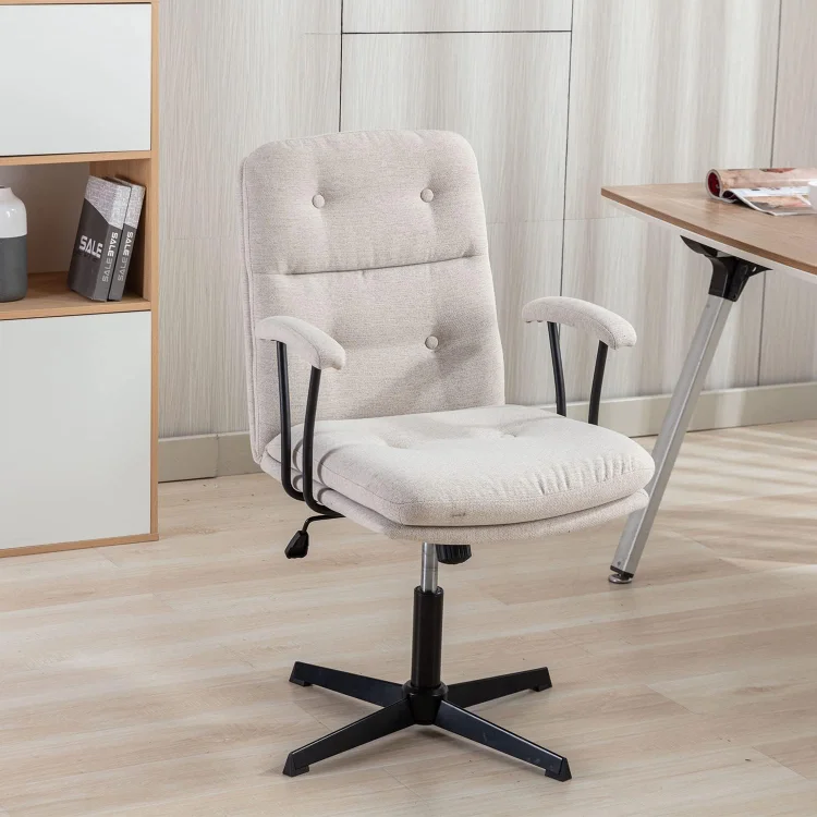 Modern Office Desk Chair, Vanity Chair with Removable Padded Armrests for Home, Ergonomic Swivel Chairs with No Wheels, Linen Comfy Chairs with Premium Thick Cushion