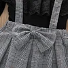 Kid Baby Girl 3-piece  Black Lace Top and Plaid Overalls  with Headband