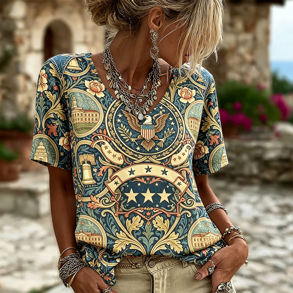  Retro American Independence Day Commemorative Floral Print Imitation Denim Cotton Linen Casual Short Sleeve Shirt Westsshops