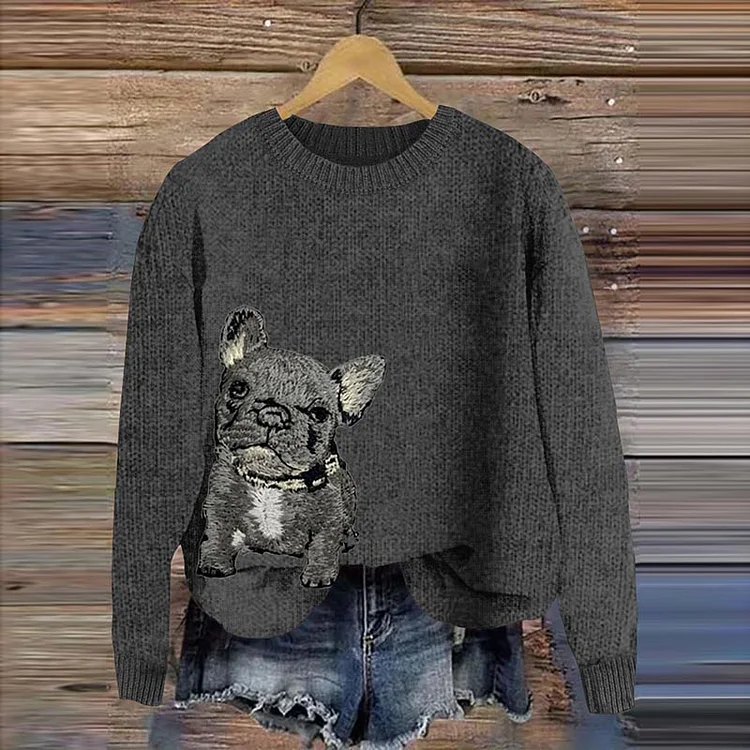VChics Cute French Bulldog Embroidery Cozy Sweater