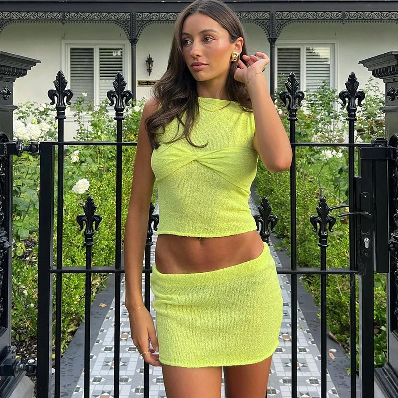 Llyge hoco dresses Summer Women Sexy Dress Skirt Matching Y2K Two Piece Set Runched Mini Crop Tops Club Knitted Fashion Skirt Beach Set 20 llyge