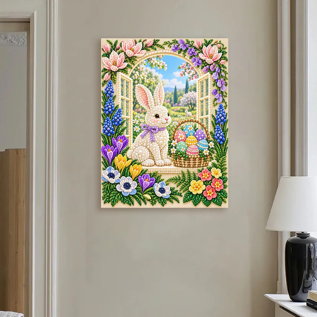 Pearl Painting Kit for Adults Easter Bunny Home Decor Framed 11.81x15.75in