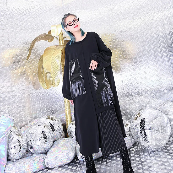 vintage black natural silk cotton blended dress trendy plus size O neck baggy dresses gown casual pockets tassel dresses