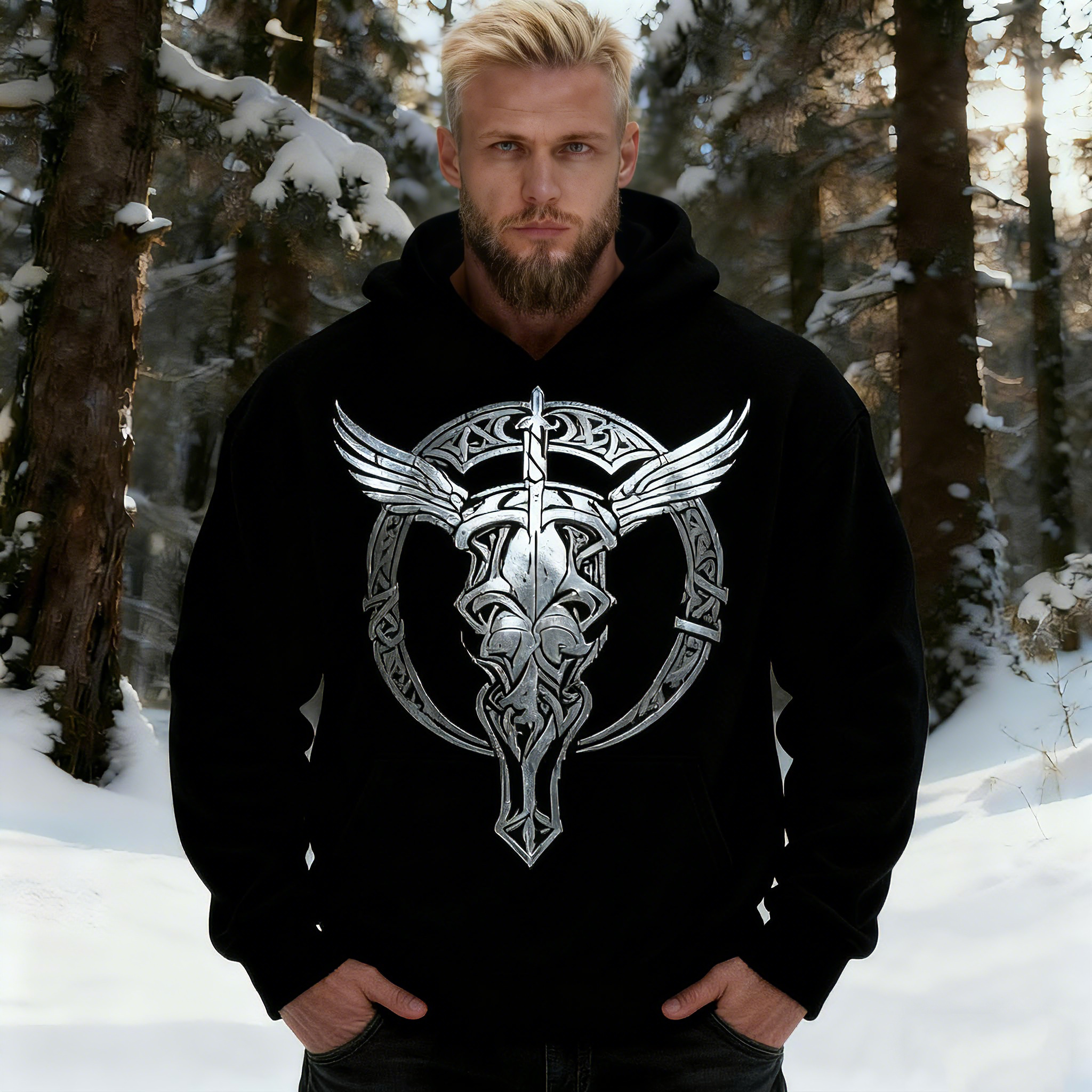 Men's Viking Silver Bull Head Hoodie elevenforest