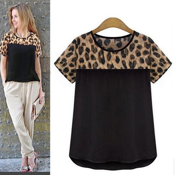 Spring and Summer Casual Shirt O-Neck Leopard Print Blouse short Sleeve Tops for Women - Shop Trendy Women's Clothing | LoverChic