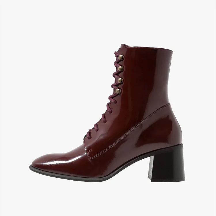 Maroon Patent Leather Square Toe Lace up Chunky Heels Ankle Booties |FSJ Shoes