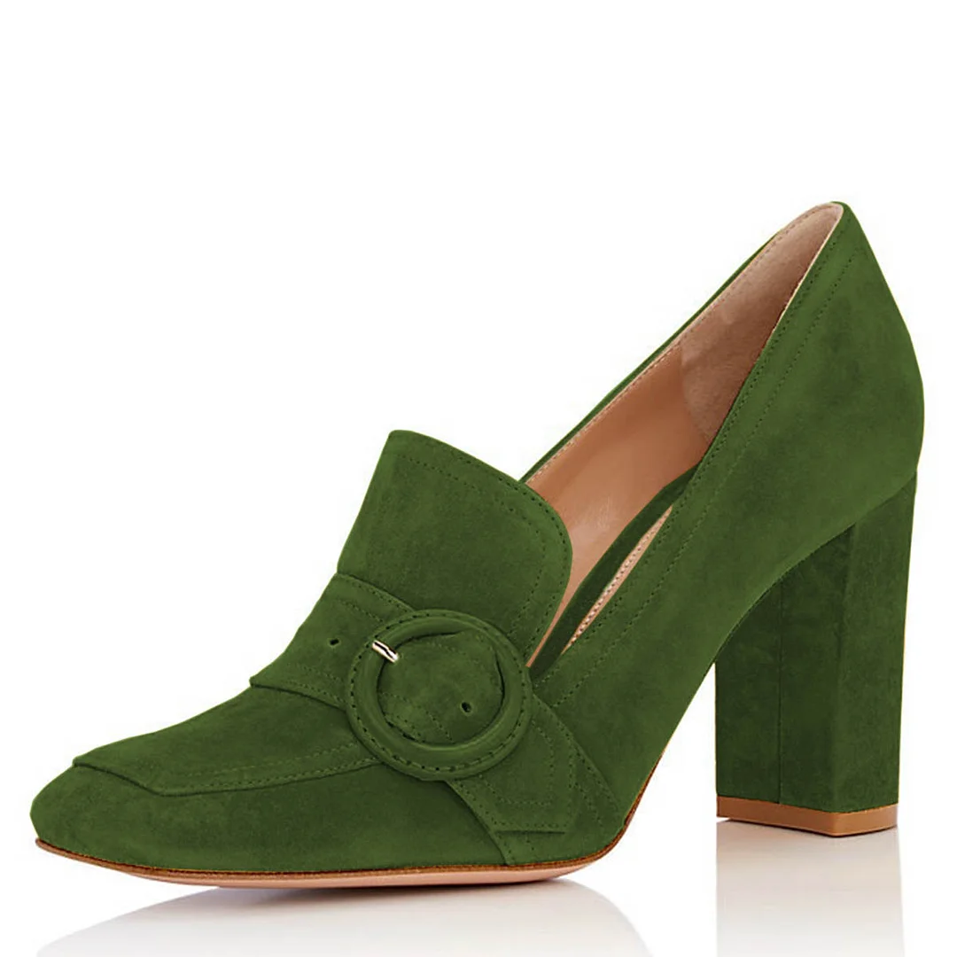 Green Vegan Suede Square Toe Buckle Chunky Heeled Loafers Women