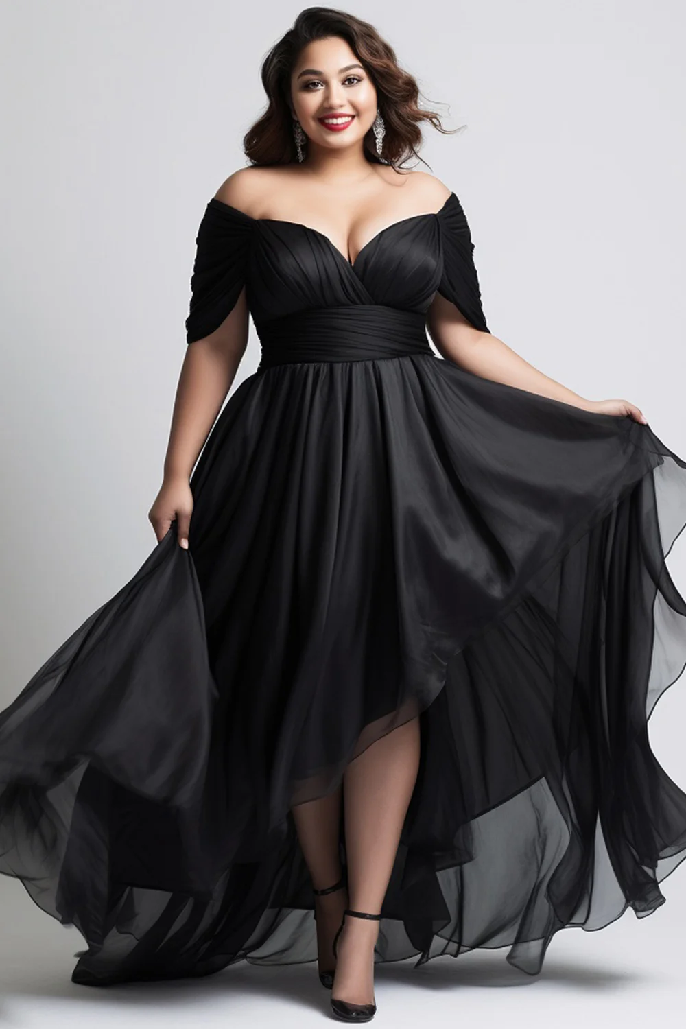 Flycurvy Plus Size Wedding Guest Black Organza Off The Shoulder Wrap High Low Hem Maxi Dress