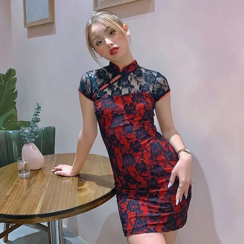 InsGoth Aesthetic Floral Red Dress Goth Vintage Bodycon High Waist Mini Dresses Elegant Short Sleeve Lady Party Dress Cheongsam