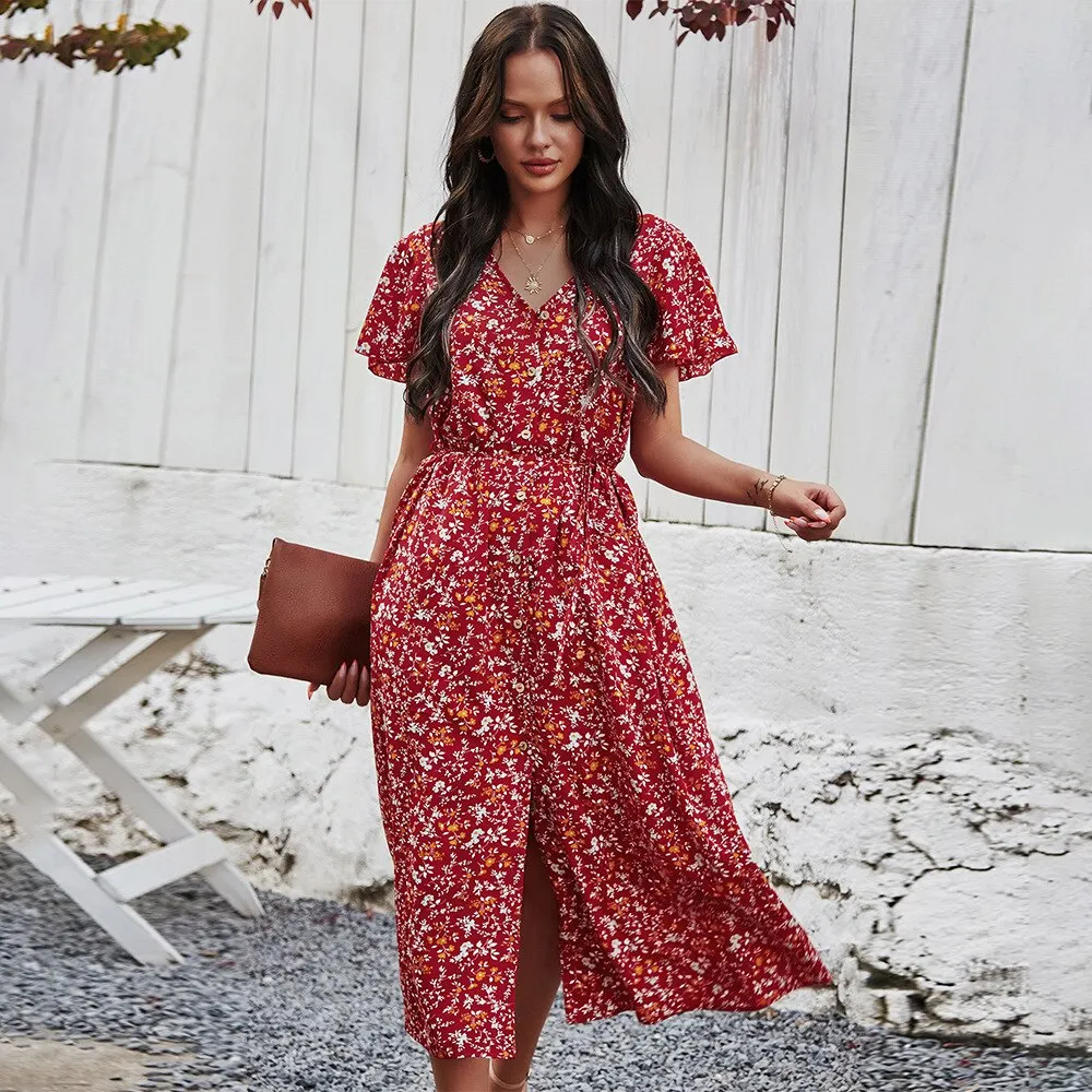 Vintage Maxi Dress Women Floral Print Summer Beach Dress Casual l High Waist Button Bohemian Long Dress Ladies Holiday Vestidos