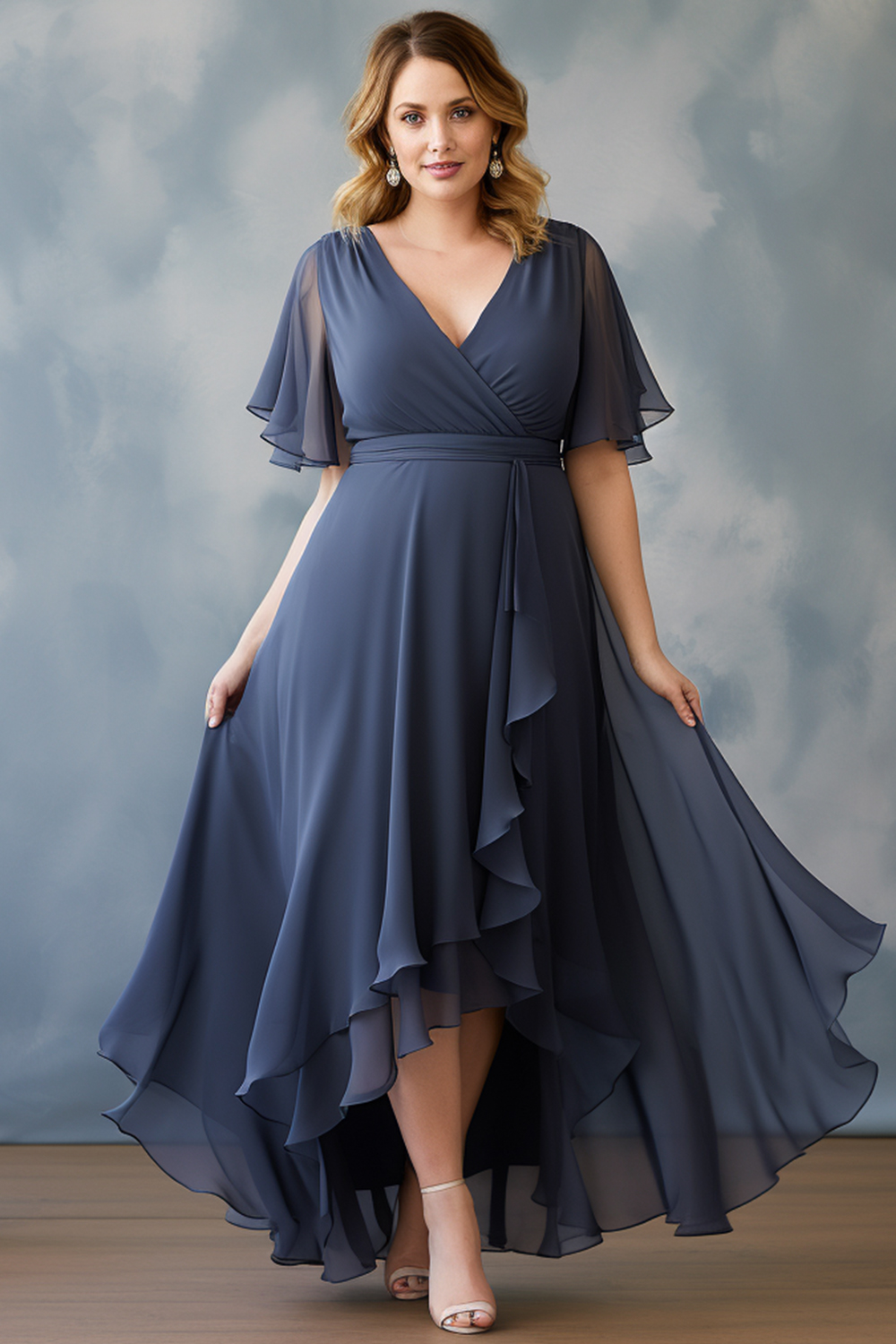 Flycurvy Plus Size Wedding Guest Haze Blue Chiffon Flutter Sleeve Wrap Irregular Hem Maxi Dress