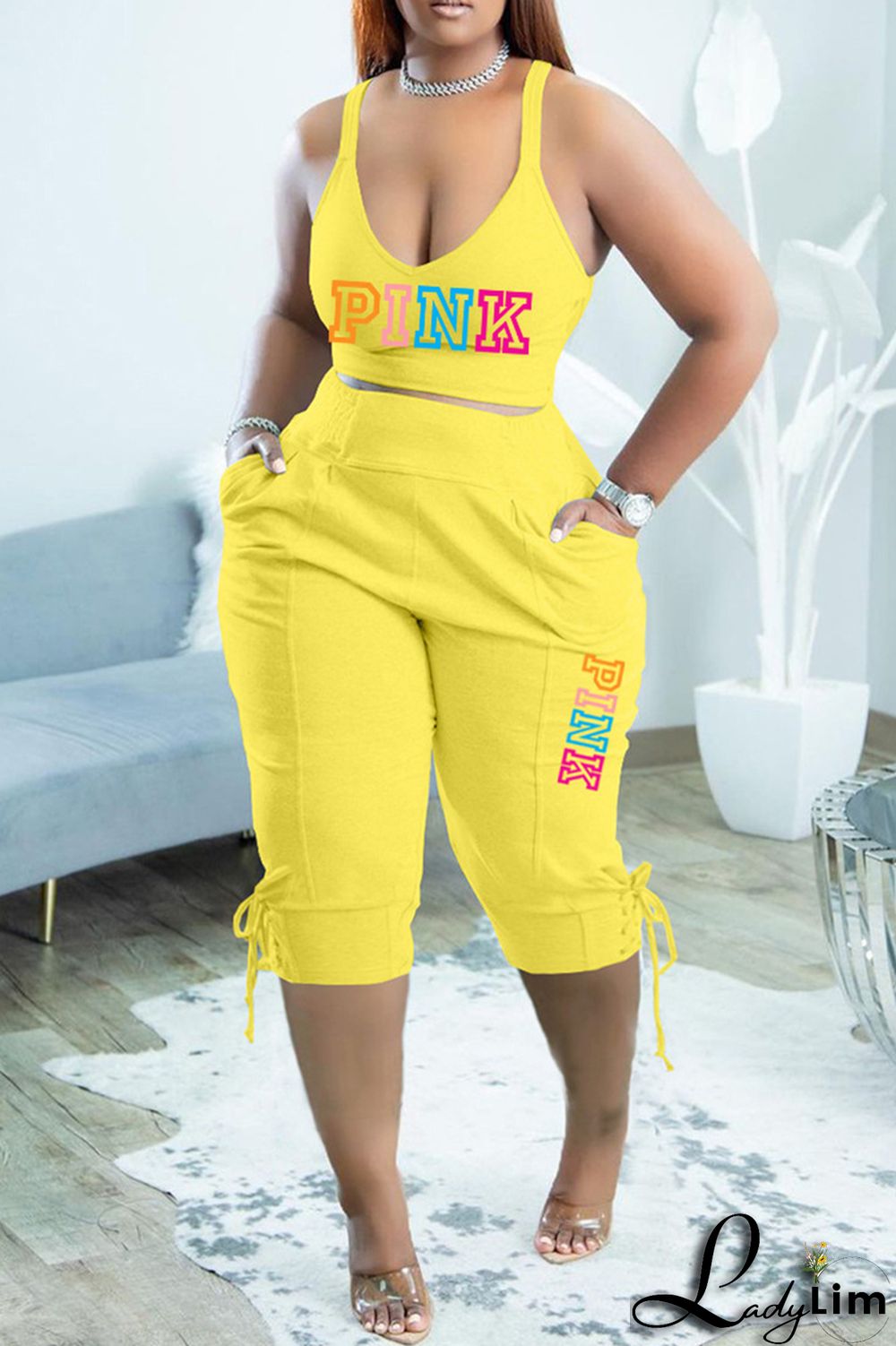 Orange Sexy Casual Letter Print Backless Spaghetti Strap Sleeveless Two Pieces