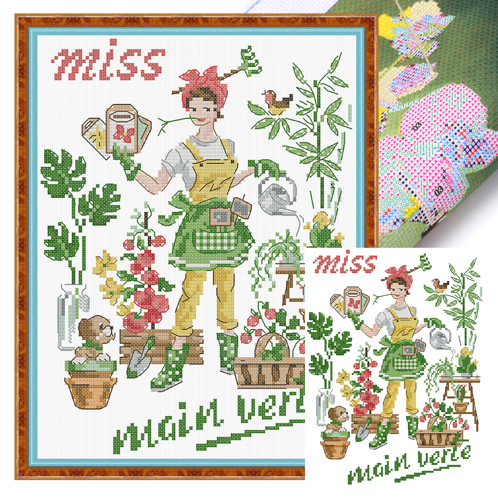 【Joy Sunday】Gardener Girl Partial 14CT Pre-stamped Canvas(21*29cm) Cross Stitch(backstitch)
