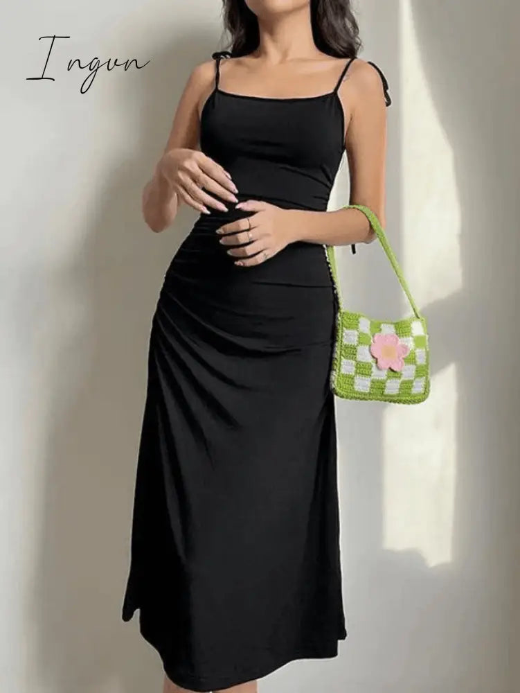 Ingvn - Backless Tie Strap Maxi Dress Black / S Dresses