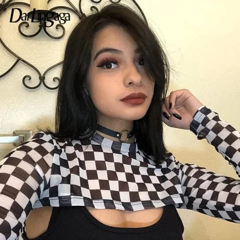 pornhint Pornhint Darlingaga Streetwear Checkerboard Mesh Top Smocking Female T-shirt See Through Crop Top Fashion Checkered T shirt Tee Shirt New